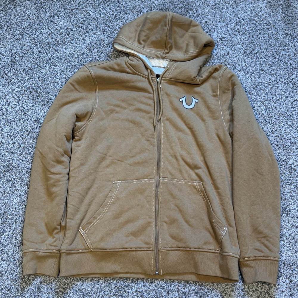 True Religion Mens Buddha Sherpa Full Zip Hoodie Dijohn Tan Sz Medium New - Picture 1 of 6